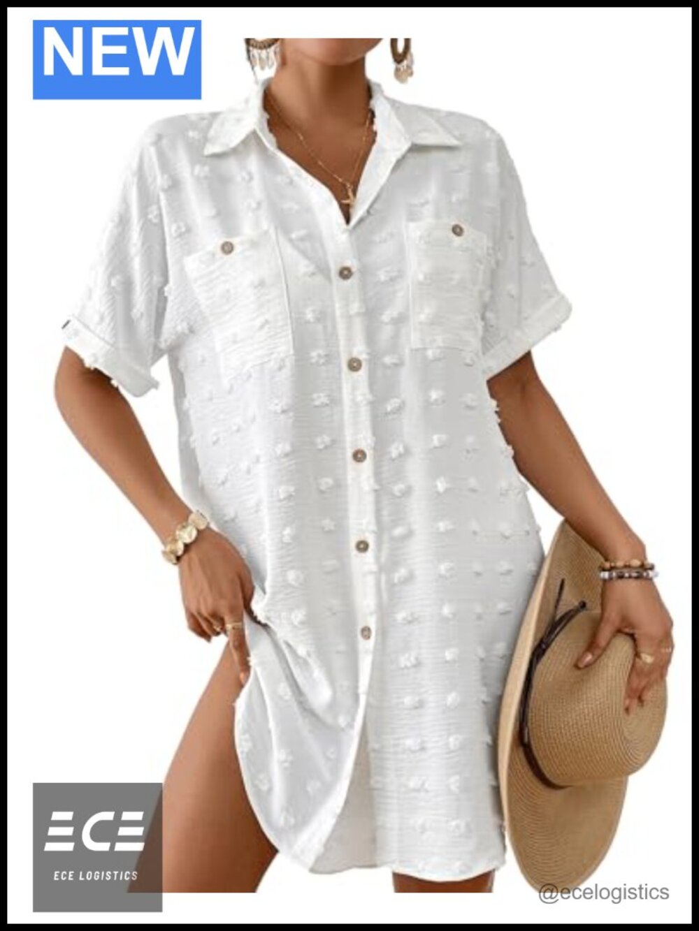 Swiss Dot Smocked Button Down Shirt Cover Up Short Sleeve